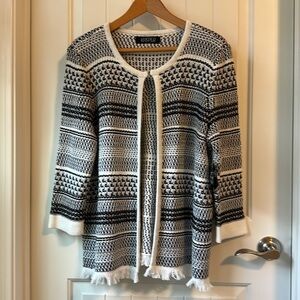Kasper Women’s Open Front Cardigan Black/White Knitted pattern 3/4 sleeve Size L